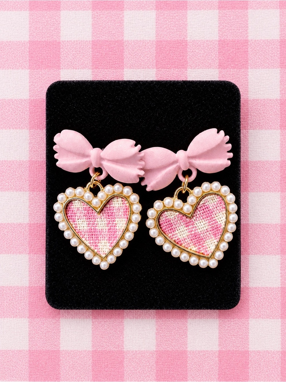 Pink and White Check Heart Pearl-Trim Earrings
